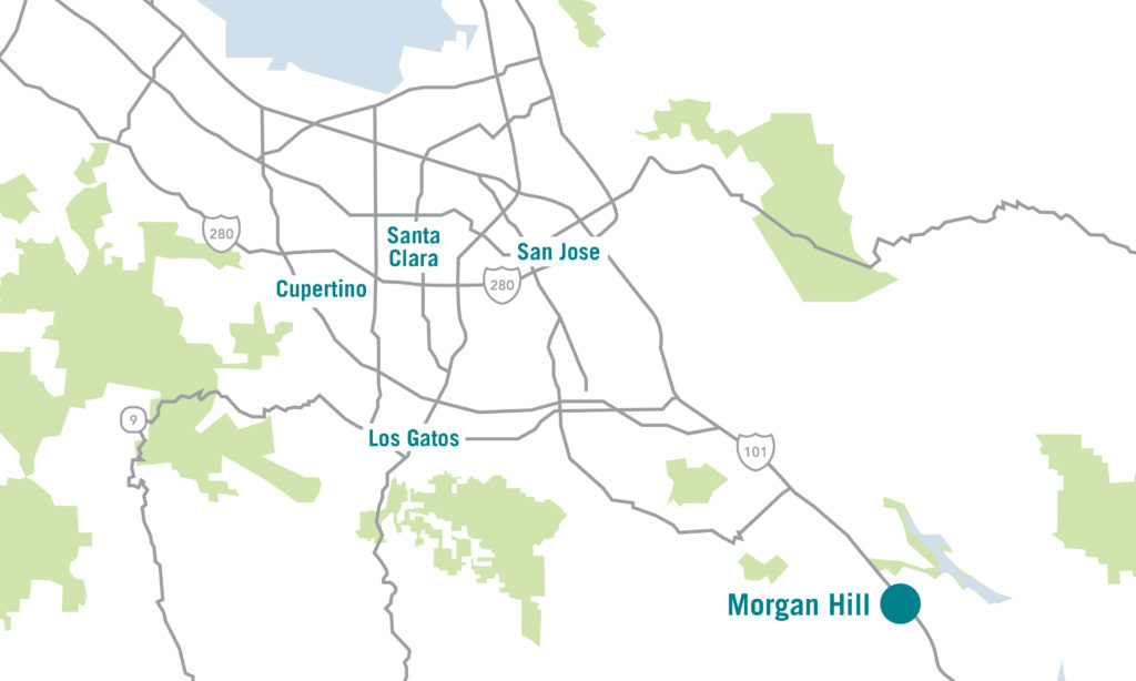 Zoomed in map of Southern California showing San Jose and Santa Clara with Morgan Hill highlighted towards the bottom