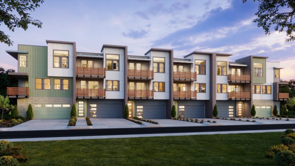 A modern row of townhouses with three stories, balconies, and garages, set against a sunset sky, offers the perfect retreat after an evening at CAVA.