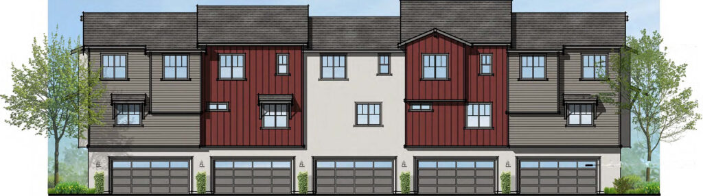 Rendering of red, white and gray townhomes with garages