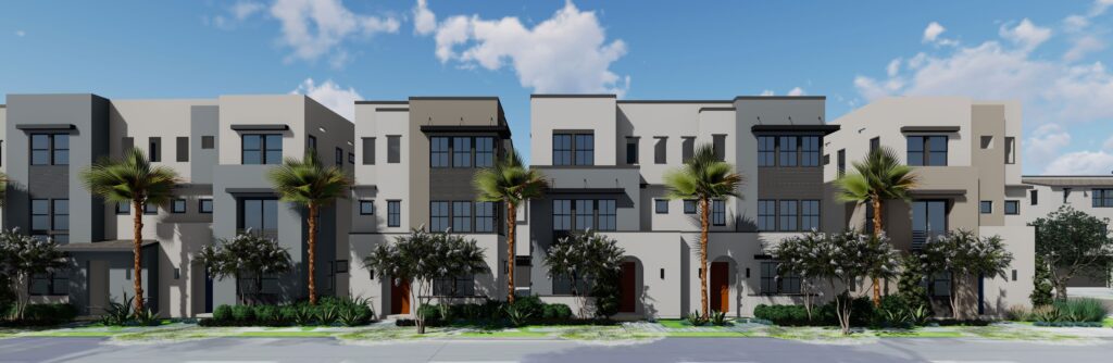 Row of California attached townhomes with palm trees and blue sky