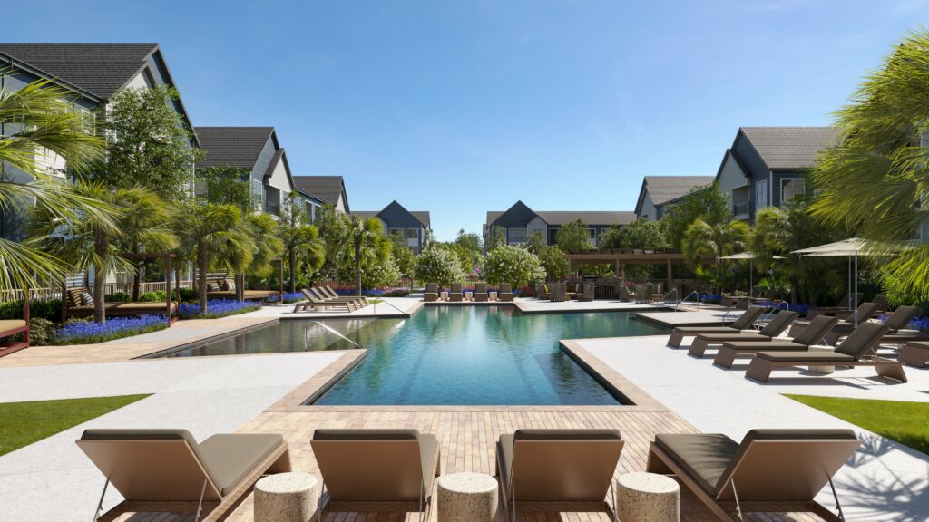 A serene outdoor swimming pool area in Summerville, surrounded by lounge chairs, palm trees, and modern buildings under a clear blue sky.