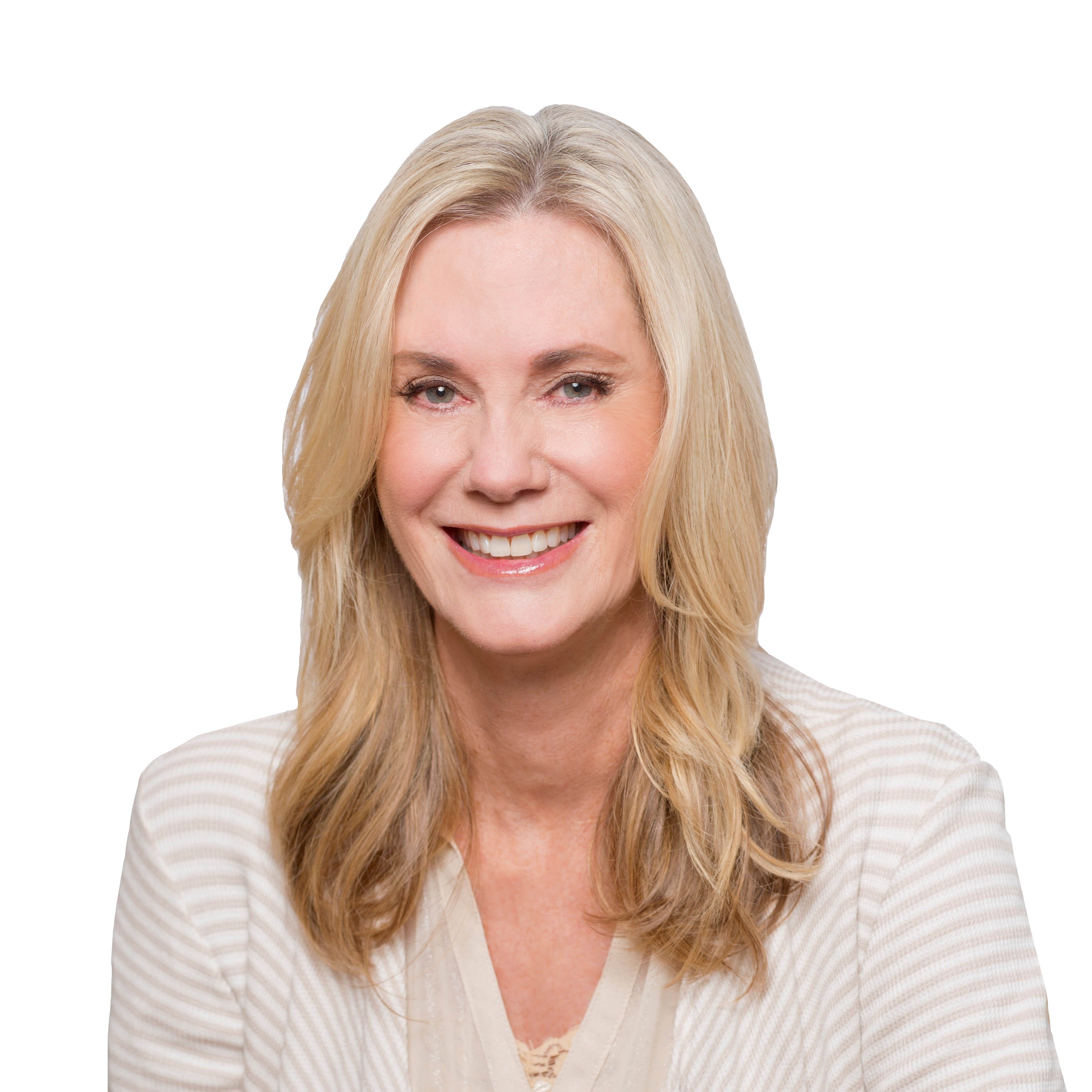 A middle-aged woman with long blonde hair, wearing a light-colored striped blazer, smiles at the camera against a white background.