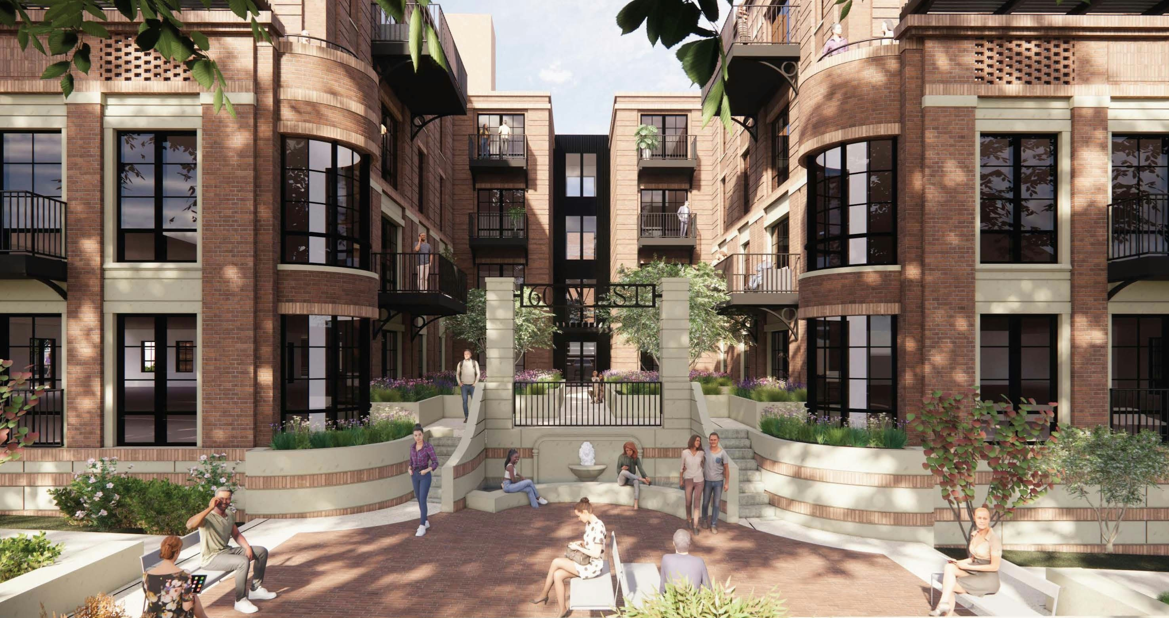 A modern brick apartment complex with balconies and large windows surrounds a courtyard where several people are sitting and standing.
